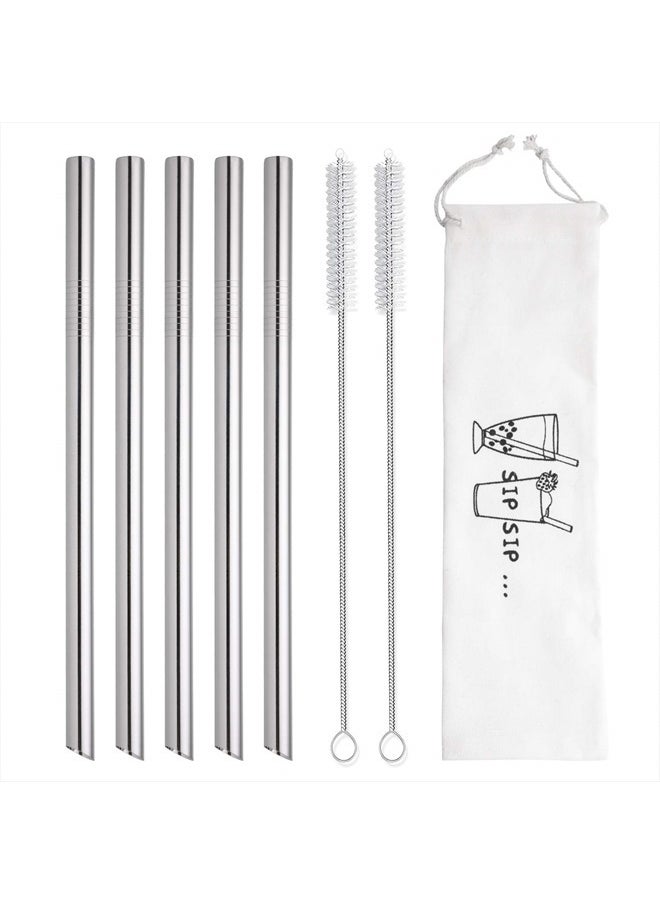 Hiware - [Angled Tips] 5 Pcs 10" Reusable Bubble Tea Straws & Smoothie Straws, 0.5" Wide Stainless Steel Straws, Metal Straws for Bubble Tea/Tapioca Pearl, Milkshakes, Jumbo Drinks | 2 Cleaning Brushes - Image 1