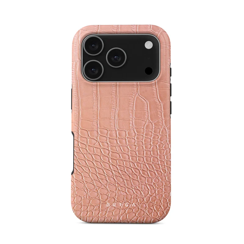 بورجا جراب iPhone 17 Pro Pink Croco Premium متوافق مع غلاف صلب مزدوج الطبقات هجين + حماية من السيليكون - غطاء محمول مقاوم للخدش والصدمات