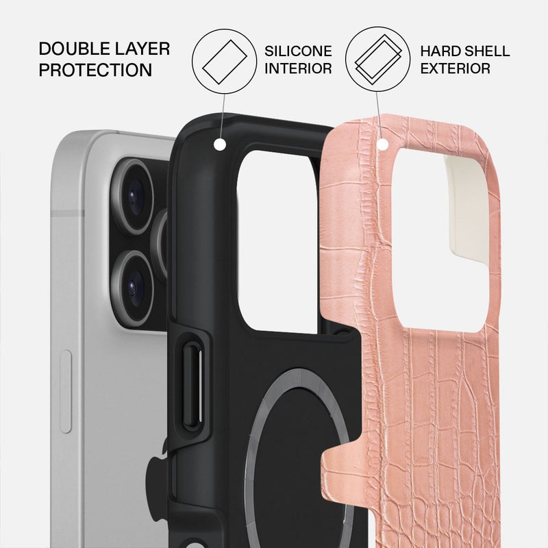 بورجا جراب آيفون  برو وردي تمساح فاخر متوافق مع طبقة مزدوجة هجينة صلبة + حماية سيليكون - غطاء جوال مقاوم للخدش والصدمات - Image 2