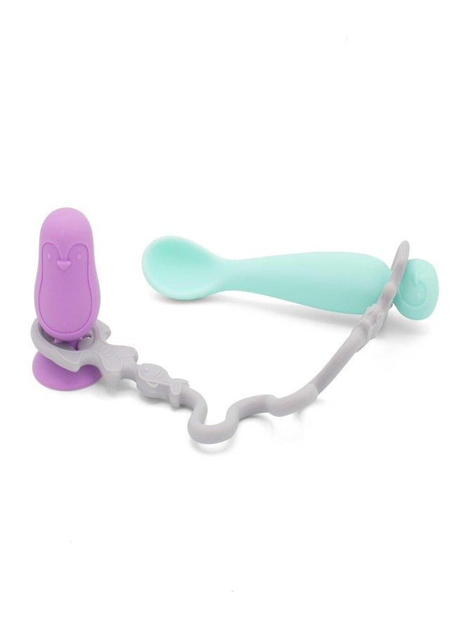 321 Grow • Easy Learn Baby Spoon & Tether Set • Baby Spoon with Tether for Babies and Toddlers • Keeps Spoon Off Floor • Ages 6 mo+ • Dishwasher Safe (Penguin, Plum) - Image 1
