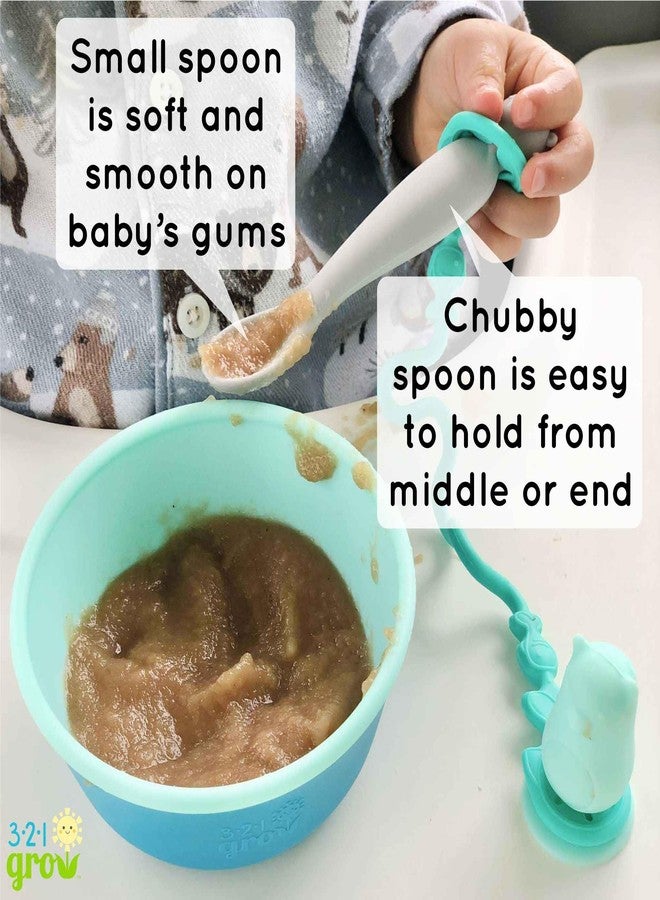 321 Grow • Easy Learn Baby Spoon & Tether Set • Baby Spoon with Tether for Babies and Toddlers • Keeps Spoon Off Floor • Ages 6 mo+ • Dishwasher Safe (Penguin, Plum) - Image 2