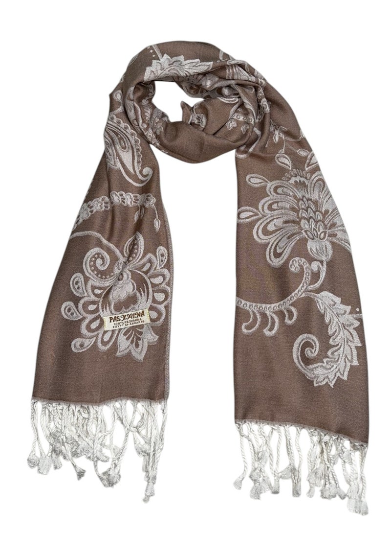 Plaid Floral/Dot/Graphic/Paisley/Indian/Check/Carreau/Stripe Pattern Soft Pashmina Scarf/Shawl/Wrap/Headscarf/Hijab/Blanket For Women - One Size 70x175cm - P01 Dark Beige / White