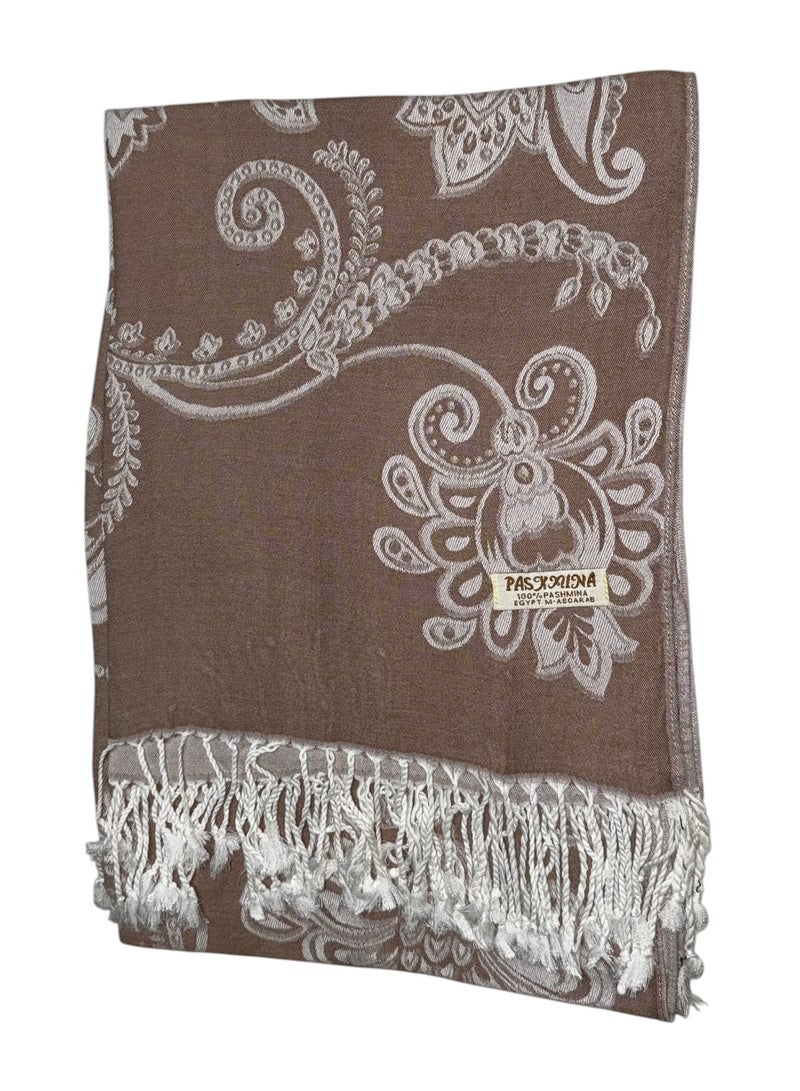 Plaid Floral/Dot/Graphic/Paisley/Indian/Check/Carreau/Stripe Pattern Soft Pashmina Scarf/Shawl/Wrap/Headscarf/Hijab/Blanket For Women - One Size 70x175cm - P01 Dark Beige / White