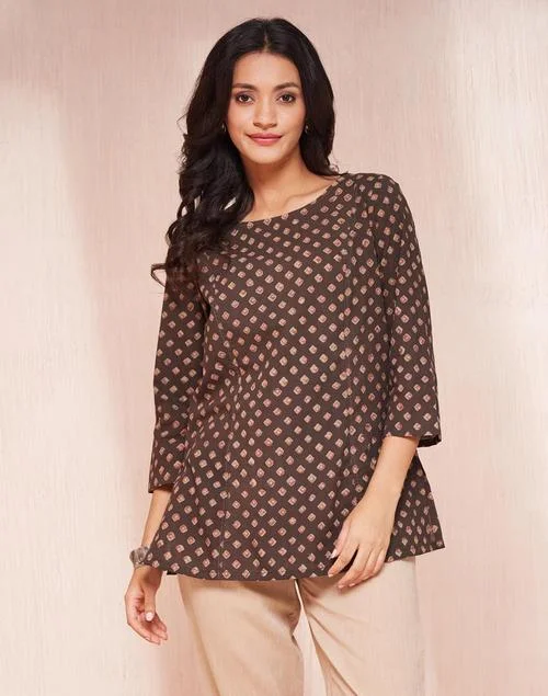 Fabindia Brown Cotton Dabu Printed Short Kurta
