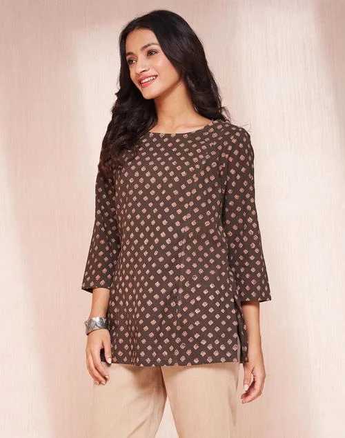 Fabindia  Brown Cotton Dabu Printed Short Kurta for Women | Best Price UAE