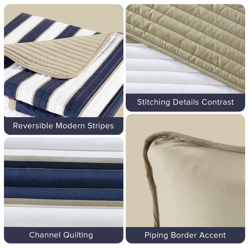 Comfort Spaces Quilt Set Trendy Casual Fun, Vibrant Color Design, Hypoallergenic All Season, Lightweight Coverlet Bedspread Cozy Kids Bedding & Sham Twin/Twin XL Verone White Blue Stripe 2 Piece - Image 4