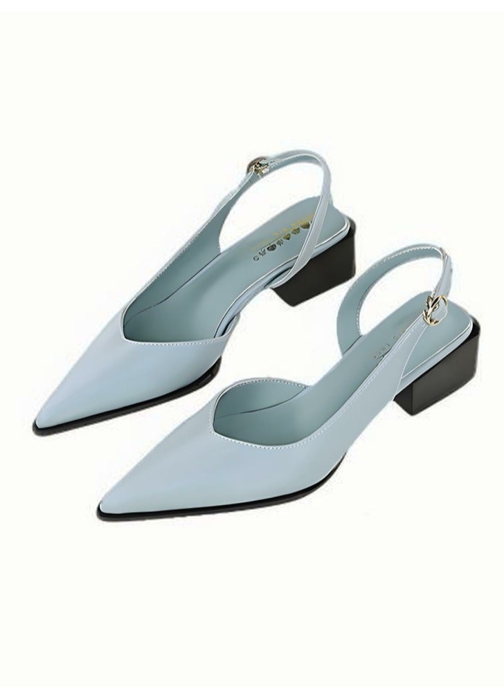 بيج تري أحذية الكعب منخفضة الكتلة للمرأة مع حزام الكاحل مغلق صنادل إصبع القدم المحددة السماء الأزرق - Image 1