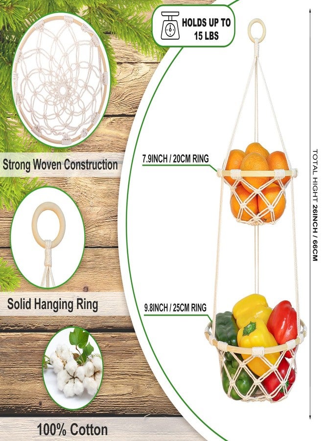 ANROYE 2 Tier Macrame Hanging Fruit Basket, Boho Vegetable Holder for Kichen Food Storage with Hook, Bohemian Cotton Rope Produce Multi Organizer, Plant Hanger Deocr for Home Bathroom Bedroom Living Room - Image 2
