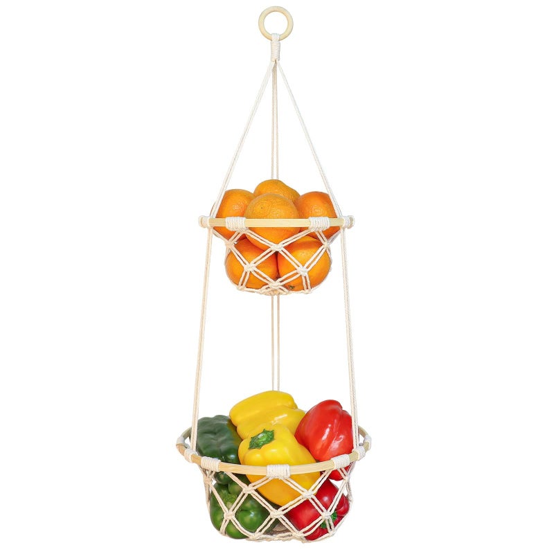 ANROYE 2 Tier Macrame Hanging Fruit Basket, Boho Vegetable Holder for Kichen Food Storage with Hook, Bohemian Cotton Rope Produce Multi Organizer, Plant Hanger Deocr for Home Bathroom Bedroom Living Room - Image 1