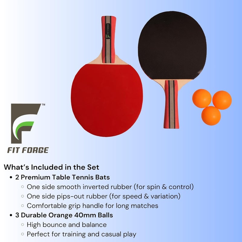 FIT FORGE Table Tennis Racket Set | 7 Ply Wood 2 TT Bat and 3 Star Training Balls - Image 2