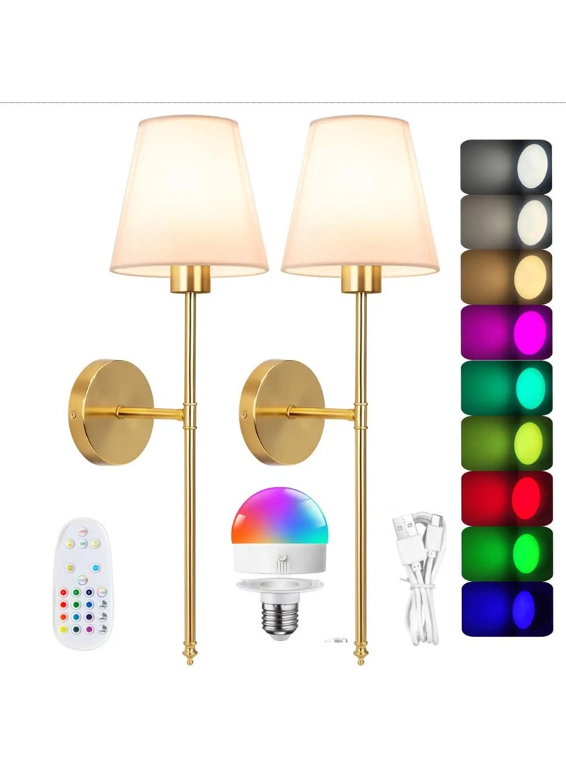 WALALLA Battery Operated Wall Sconce Set of 2,Gold Rechargeable Wall Lights with Dimmable Detachable Bulbs and Remote,10 Colors Wireless Sconces for Bedroom Living Room Hallway - Image 1