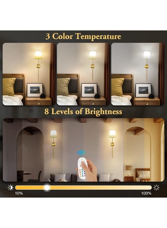 WALALLA Battery Operated Wall Sconce Set of 2,Gold Rechargeable Wall Lights with Dimmable Detachable Bulbs and Remote,10 Colors Wireless Sconces for Bedroom Living Room Hallway - Image 2