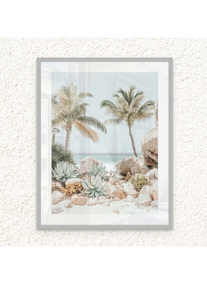 Art Decor - Art Decor Framed Fine Art Tropical Beach with Palm Trees Portrait Aesthetic Coastal Print with Matt Board Wall Décor for Living Room Bedroom Home Office Hotel Gifting - Image 1
