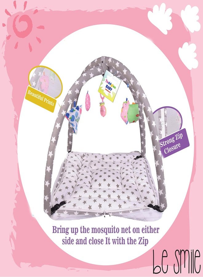 Toddylon Newborn Baby Play Gym with Mosquito Net | Cotton Mat with Hanging Toys | Crawling Playmat & Bedding Set (Grey Star, 0-6 Months, 1 Count) - Image 4