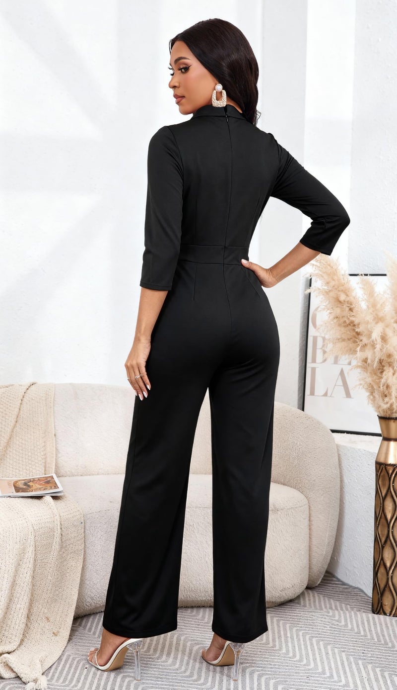 Yiershu Women's Spring Fall Jumpsuits Casual Dressy One Piece Outfits V Neck 3/4 Sleeve Belt Pockets Long Pants Romper(Black,M) - Image 2