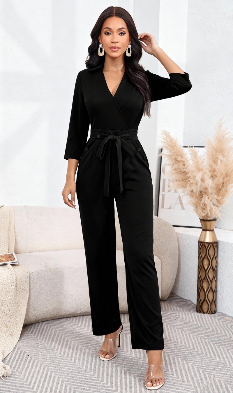 Yiershu Women's Spring Fall Jumpsuits Casual Dressy One Piece Outfits V Neck 3/4 Sleeve Belt Pockets Long Pants Romper(Black,M) - Image 1