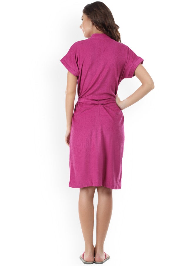 Red Rose RedRose Magenta Solid Cotton Drawstring Knee Length Bath Robe - XL - Image 4