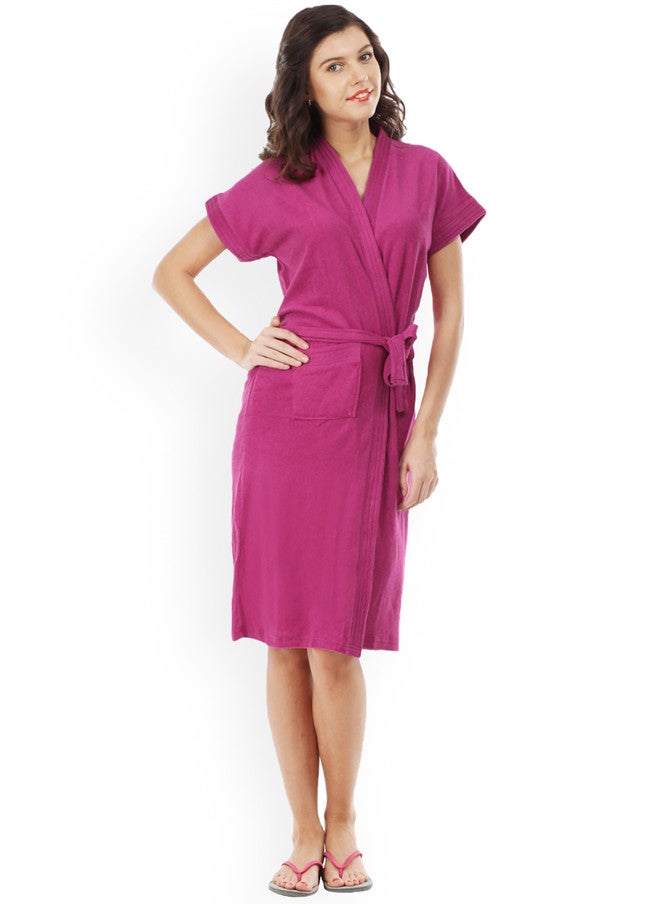 Red Rose RedRose Magenta Solid Cotton Drawstring Knee Length Bath Robe - XL - Image 1