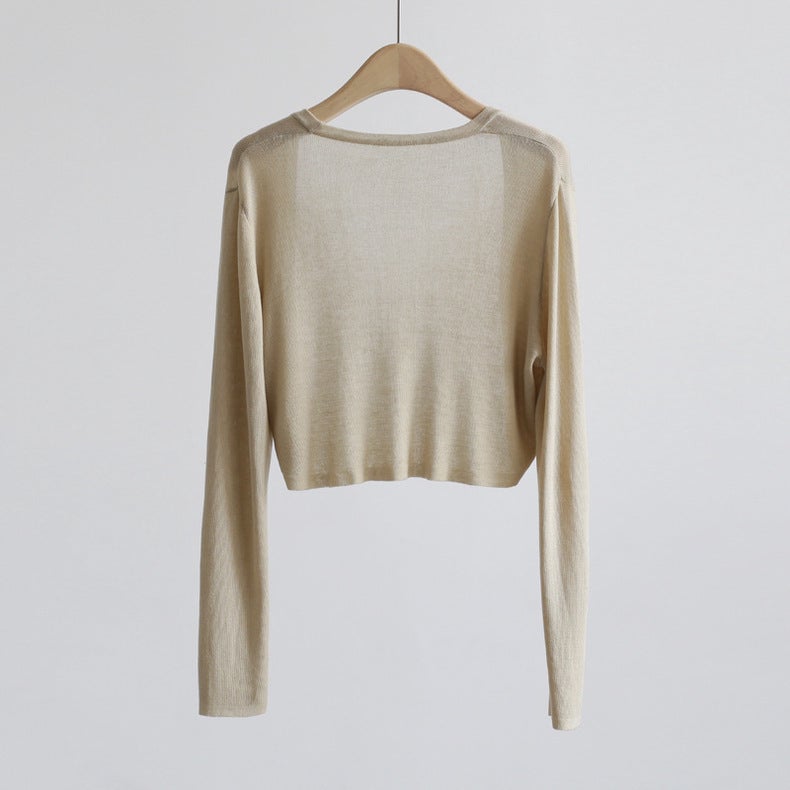 New Chinese Style Tulle Cardigan Outer Shawl with Skirt Sling Sunscreen Womens Short Coat Knitted Sweater Trendy New Cardigan Khaki - Image 1