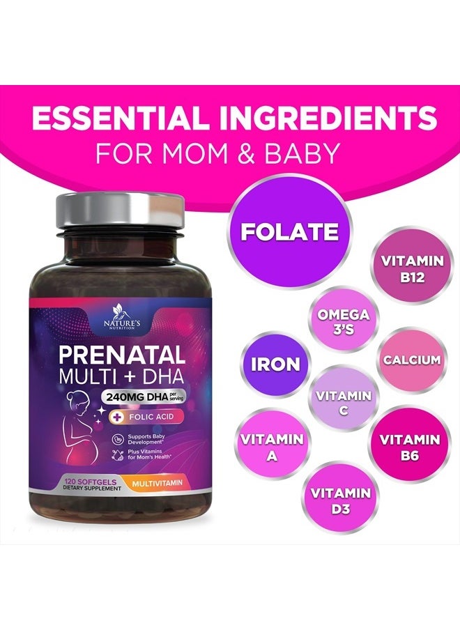 Nature's Nutrition - Women's Prenatal Multivitamin with Folic Acid & DHA, Prenatal Vitamins w/ Folate, Omega 3, Vitamins D3, B6, B12 & Iron, Pregnancy Support Prenatal DHA Supplement, Non-GMO Gluten Free - 120 Softgels - Image 1