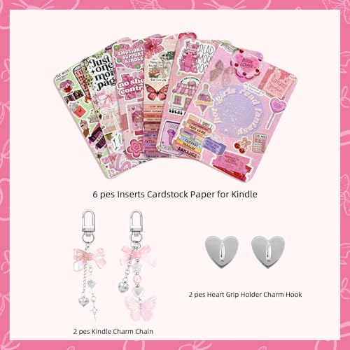Tmtains 6Pcs Inserts Cardstock for Kindle Paperwhite Clear Case 2Pcs E-reader Charms Bracelets Decor for Women Reader Booklovers Pink Theme Back Cover Inserts for Kindle 11-12th Generation (6.8"x4.8") - Image 3