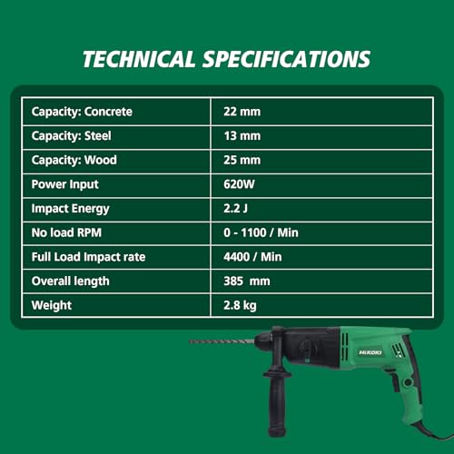 Hikoki Dh22Pbss9Z - Rotary Hammer Drill Machine 620W,Sds-Plus Chuck,2 Mode For Concrete,Metal & Wood,0-1100 Rpm,4400Ipm,2.2J,With 1 Push Bit Mounting And Low Vibration Handle Feature,2.8 Kg - Green - Image 5