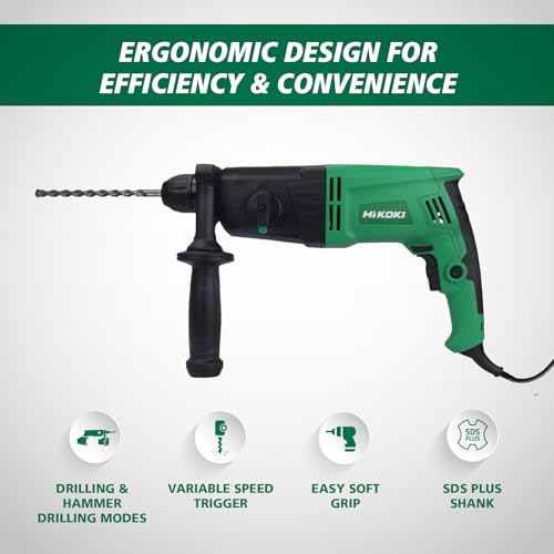 Hikoki Dh22Pbss9Z - Rotary Hammer Drill Machine 620W,Sds-Plus Chuck,2 Mode For Concrete,Metal & Wood,0-1100 Rpm,4400Ipm,2.2J,With 1 Push Bit Mounting And Low Vibration Handle Feature,2.8 Kg - Green - Image 2