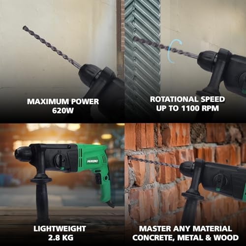 Hikoki Dh22Pbss9Z - Rotary Hammer Drill Machine 620W,Sds-Plus Chuck,2 Mode For Concrete,Metal & Wood,0-1100 Rpm,4400Ipm,2.2J,With 1 Push Bit Mounting And Low Vibration Handle Feature,2.8 Kg - Green - Image 3