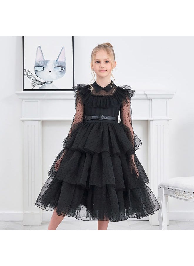 Sunny Fashion Girls Black Lace Long Sleeve Organza Ruffle Polka Belt Dress Size 7  - Image 3