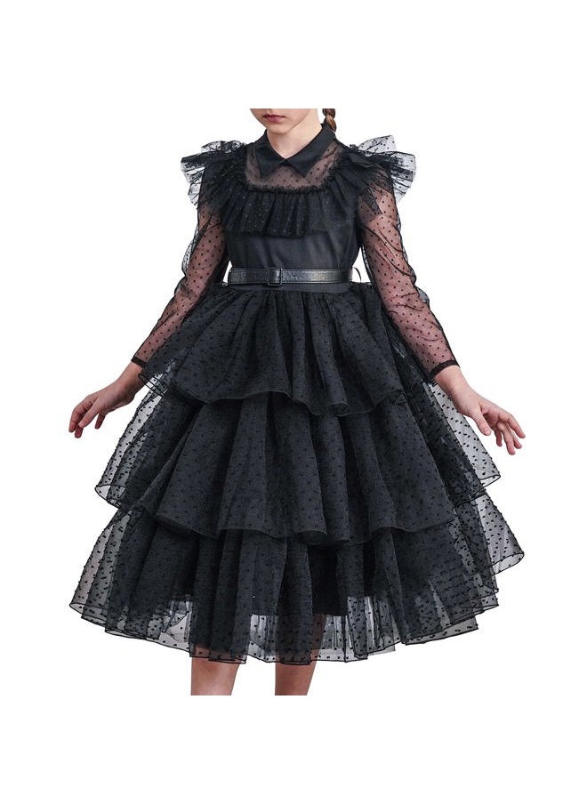 Sunny Fashion Girls Black Lace Long Sleeve Organza Ruffle Polka Belt Dress Size 7  - Image 1