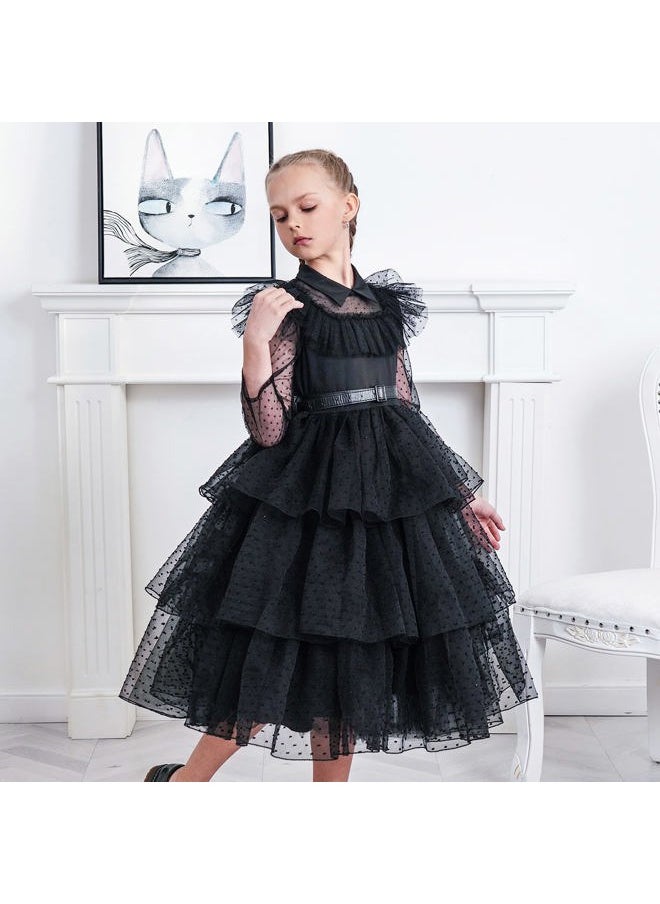 Sunny Fashion Girls Black Lace Long Sleeve Organza Ruffle Polka Belt Dress Size 7  - Image 5