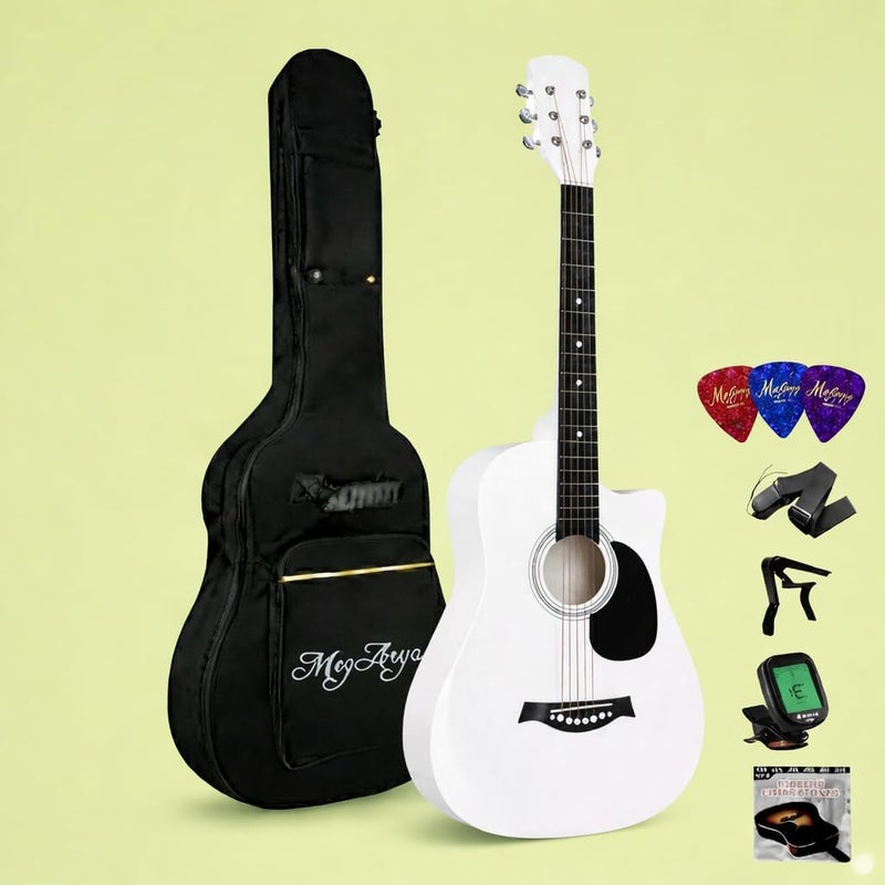MegArya 38-Inch White Acoustic Guitar Bundle with Bag, Strap, Tuner, Strings & Picks - Image 1