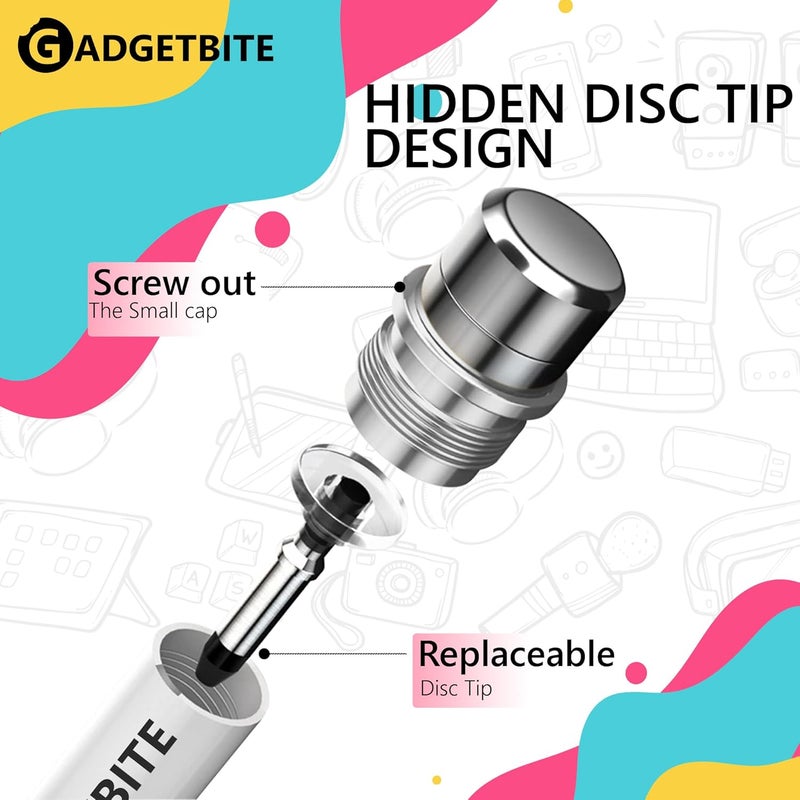 GadgetBite Stylus Pen for Android Tablet & iOS All Touchscreen Devices Capacitive Universal Smart Pen Pencil with Fine Point Disc Tip Lightweight Metal Body and Magnetic Cover for Mobile Phone iPad Tab - White - Image 3