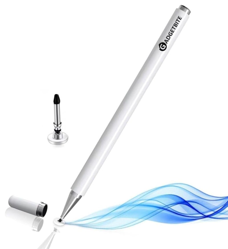 GadgetBite Stylus Pen for Android Tablet & iOS All Touchscreen Devices Capacitive Universal Smart Pen Pencil with Fine Point Disc Tip Lightweight Metal Body and Magnetic Cover for Mobile Phone iPad Tab - White - Image 1