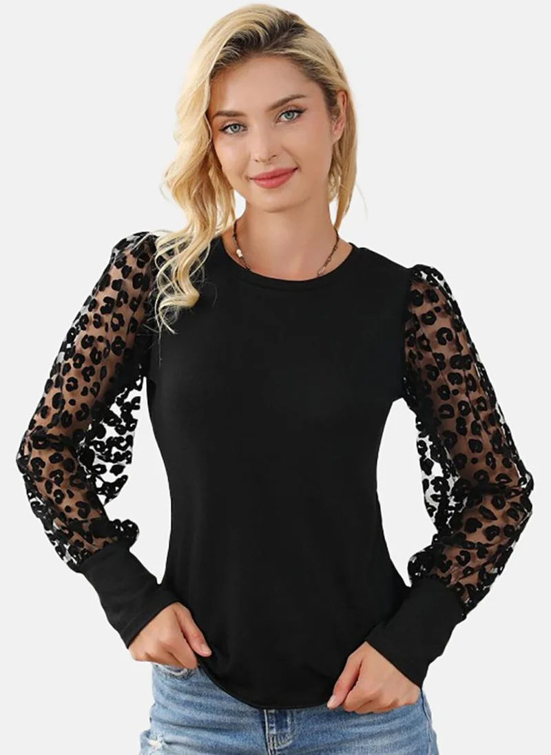 يونيكي Black Embellished Long Sleeve Round Neck Tunics