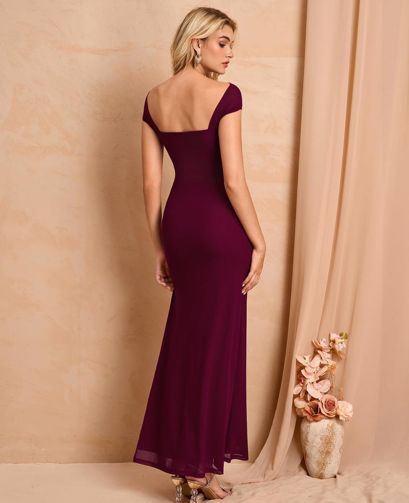 GLNEGE Formal Wedding Guest Bodycon Maxi Dress with Scarf Mesh Slit Elegant Tube Cocktail Party Dresses for Women Wine - Image 3