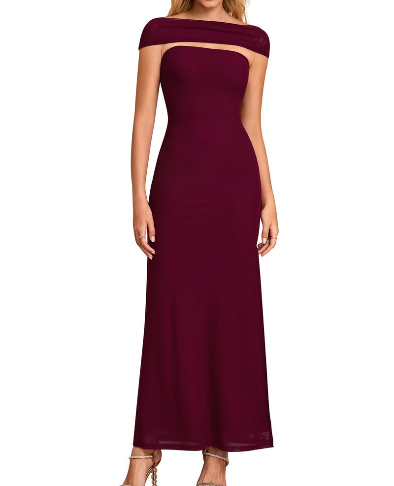 GLNEGE Formal Wedding Guest Bodycon Maxi Dress with Scarf Mesh Slit Elegant Tube Cocktail Party Dresses for Women Wine - Image 1