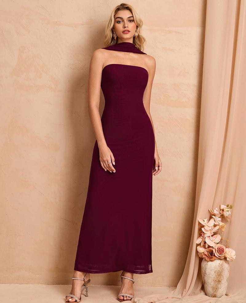 GLNEGE Formal Wedding Guest Bodycon Maxi Dress with Scarf Mesh Slit Elegant Tube Cocktail Party Dresses for Women Wine - Image 2