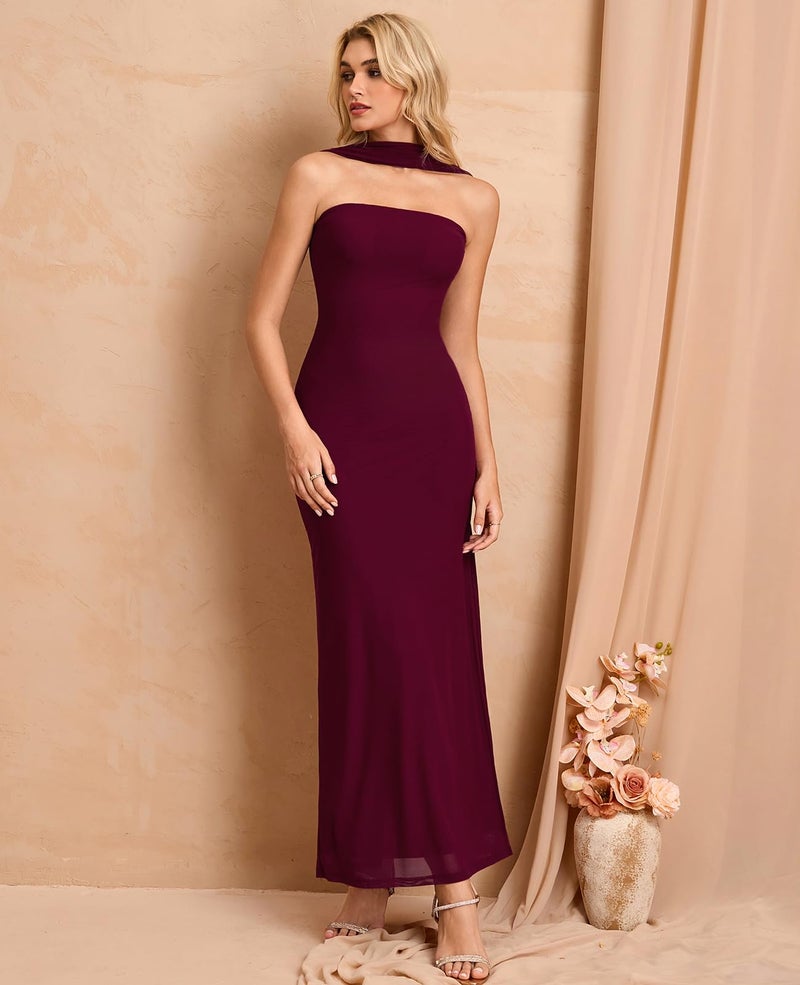 GLNEGE Formal Wedding Guest Bodycon Maxi Dress with Scarf Mesh Slit Elegant Tube Cocktail Party Dresses for Women Wine - Image 4