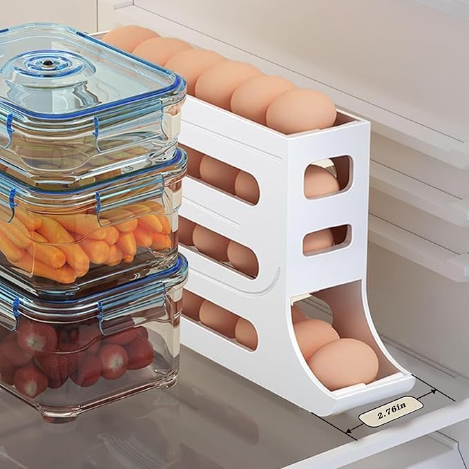RINKIFY Plastic Automatic Rolldown Refrigerator 4 Tier Rectangular Egg Rolling Dispenser, Holds Up To 30 Eggs, Holder For Fridge Storage - (WHITE) - Image 2