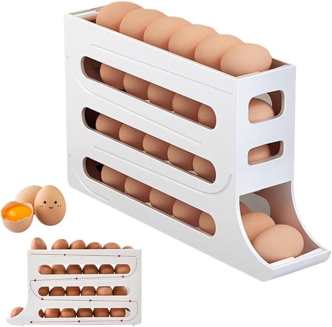 RINKIFY Plastic Automatic Rolldown Refrigerator 4 Tier Rectangular Egg Rolling Dispenser, Holds Up To 30 Eggs, Holder For Fridge Storage - (WHITE) - Image 1