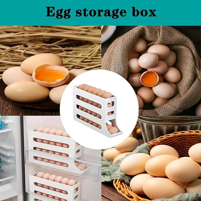 RINKIFY Plastic Automatic Rolldown Refrigerator 4 Tier Rectangular Egg Rolling Dispenser, Holds Up To 30 Eggs, Holder For Fridge Storage - (WHITE) - Image 5