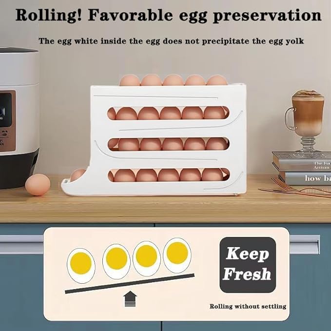 RINKIFY Plastic Automatic Rolldown Refrigerator 4 Tier Rectangular Egg Rolling Dispenser, Holds Up To 30 Eggs, Holder For Fridge Storage - (WHITE) - Image 4