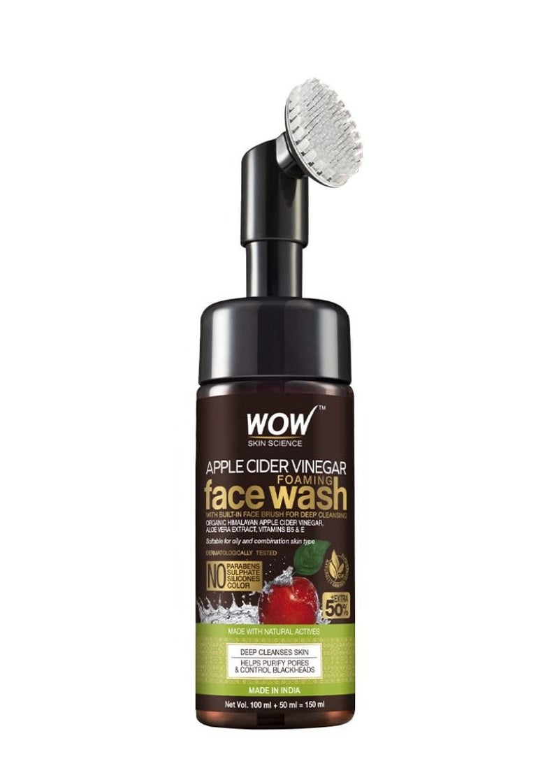WOW Skin Science Apple Cider Vinegar Foam Exfoliating Face Wash & Brush - Facial Cleanser Acne Face Wash for Women & Men - Face Wash Oily Skin Gentle Face Cleanser - Natural Face Wash Sensitive Skin - 150 ml  - Image 1