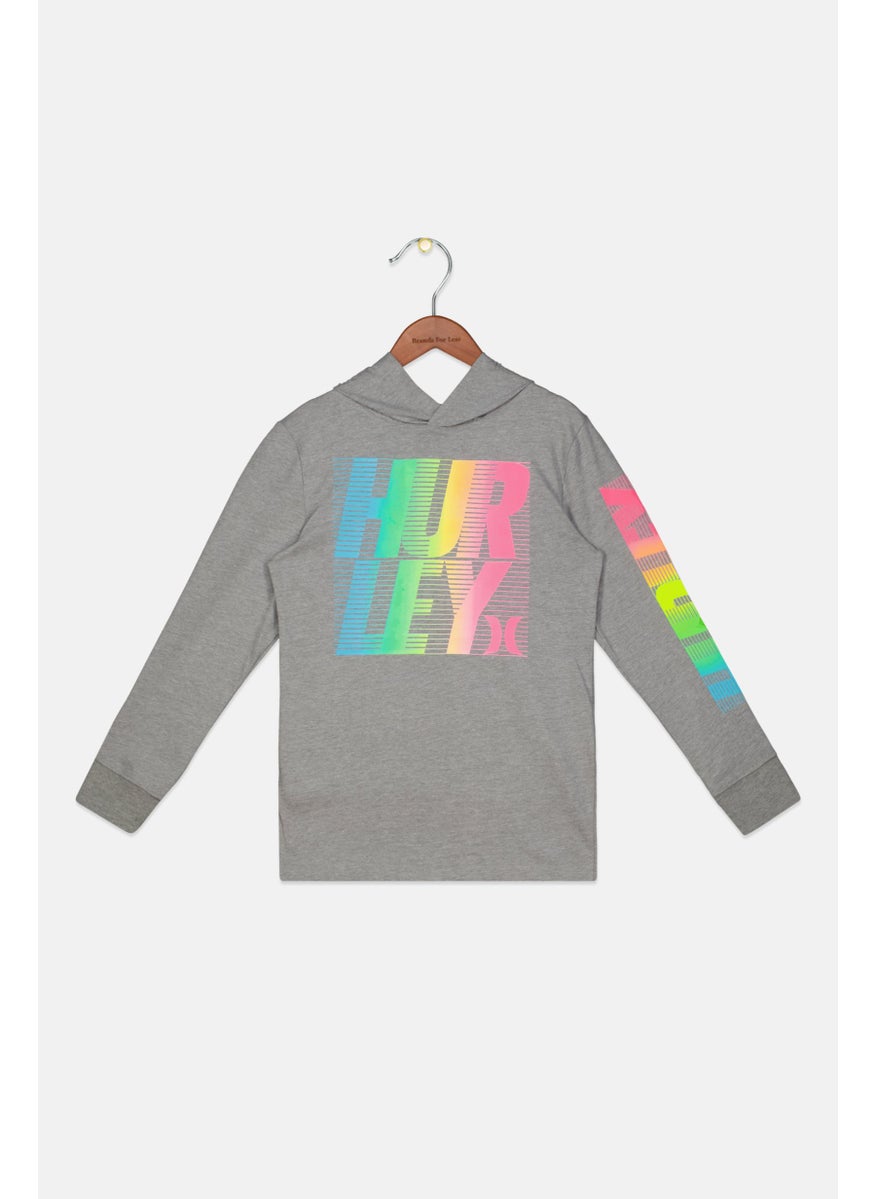 Hurley - Kids Boy Hooded Brand Logo Long Sleeve T-Shirt, Grey Combo - Image 1