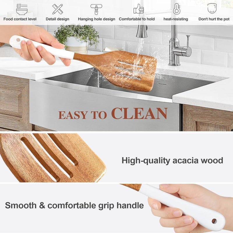 ROSOS Wooden Spoons For Cooking, 6 Pieces Natural Acacia Wooden Cooking Utensils or Non-Stick Wood Kitchen Utensil Set for Kitchen Essentials, Wooden Cooking Utensils Set with Hanging Hole, White - Image 4
