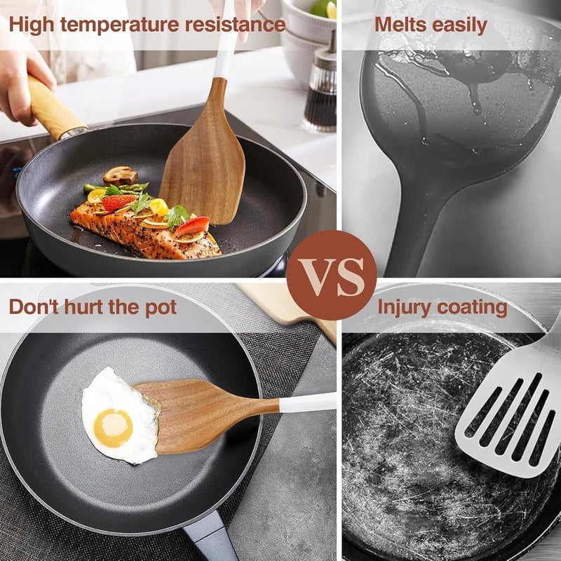 ROSOS Wooden Spoons For Cooking, 6 Pieces Natural Acacia Wooden Cooking Utensils or Non-Stick Wood Kitchen Utensil Set for Kitchen Essentials, Wooden Cooking Utensils Set with Hanging Hole, White - Image 3