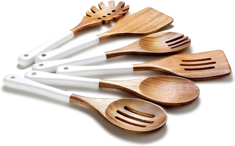 ROSOS Wooden Spoons For Cooking, 6 Pieces Natural Acacia Wooden Cooking Utensils or Non-Stick Wood Kitchen Utensil Set for Kitchen Essentials, Wooden Cooking Utensils Set with Hanging Hole, White - Image 1