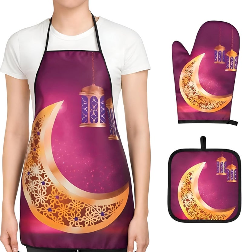 أدوات الطهاة - طقم قفازات الفرن، وحوامل الأواني، والمئزر لعيد رمضان المبارك، أدوات مطبخ مقاومة للحرارة وغير قابلة للانزلاق للطهي الاحتفالي والهدايا (الخيار 2)