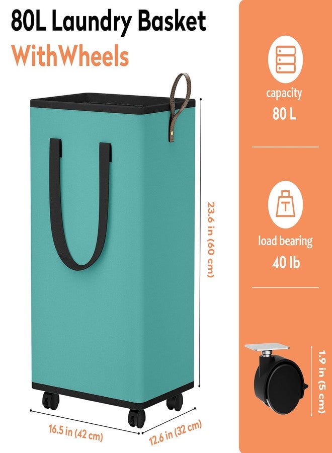 SpaceTrove Laundry Basket with Wheels, Collapsible Laundry Baskets, Laundry Hamper with Handles Detachable Wheels, Rolling Laundry Basket, Dirty Clothes Hamper for Bathroom, Dorm, Bedroom, Green, 80L - Image 4